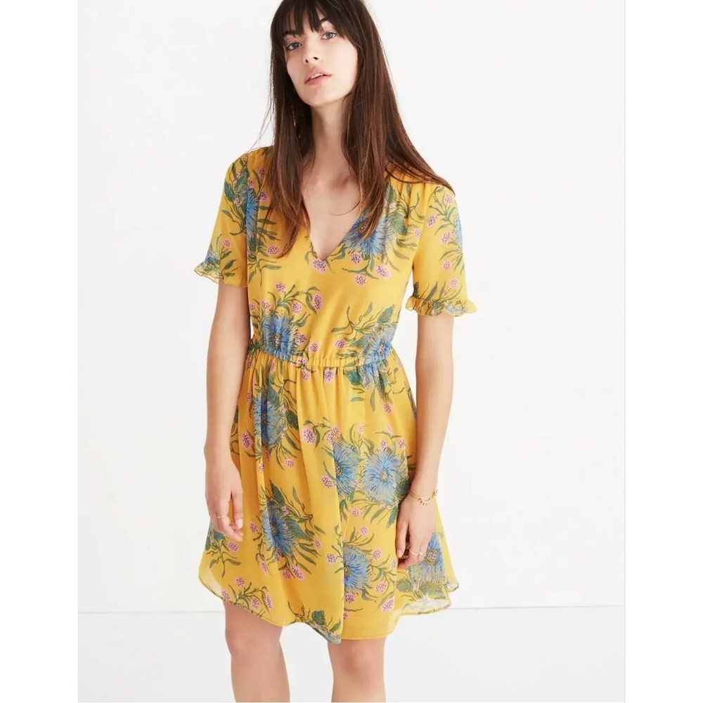 Madewell Mustard Yellow Floral V-Neck Ruffle Sleeve Mini Dress Size 8 Chiffon